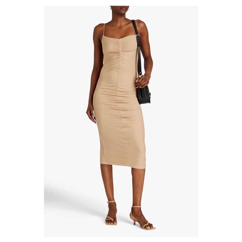 ENZA COSTA Strappy 90's Model Ruched Ribbed Cream Stretch Midi-Dress Size Large - Picture 2 of 4